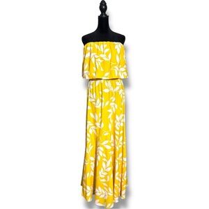 Tyche Bright Yellow with White Leaf Pattern Cinched Waist Strapless Maxi Dress